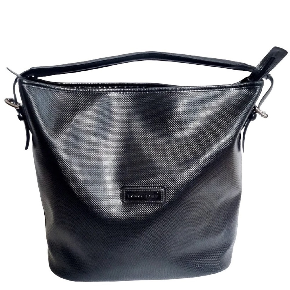 Rare Longchamp Black Textured PVC Hobo Shoulder Bag Tote Patent Leather Trim